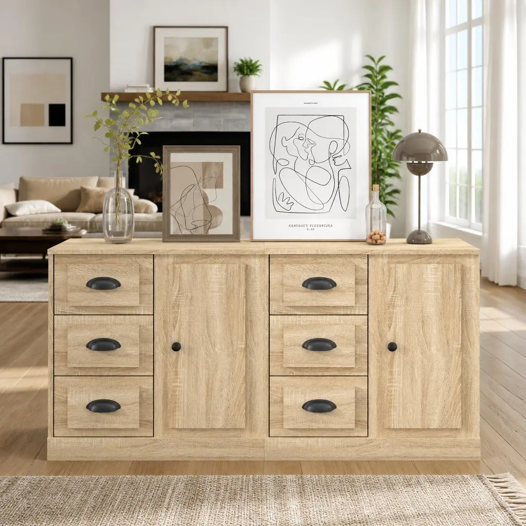 Sideboard Cabinets Brown Engineered Wood 2 Piece Storage Buffet