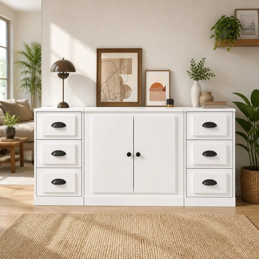 White Sideboards Set of 3 Engineered Wood Storage Cabinet Buffet Display