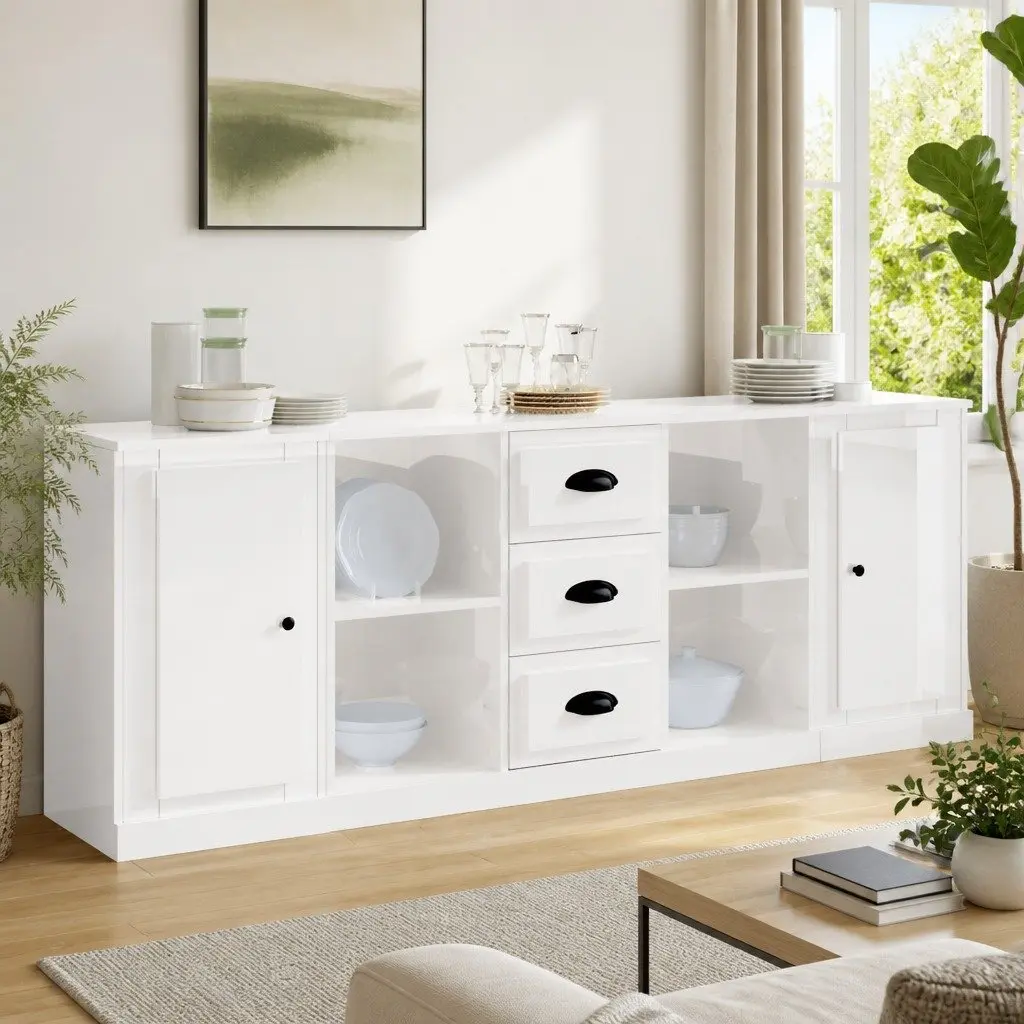 Sideboards High Gloss White Storage Cabinet 3 Piece Set