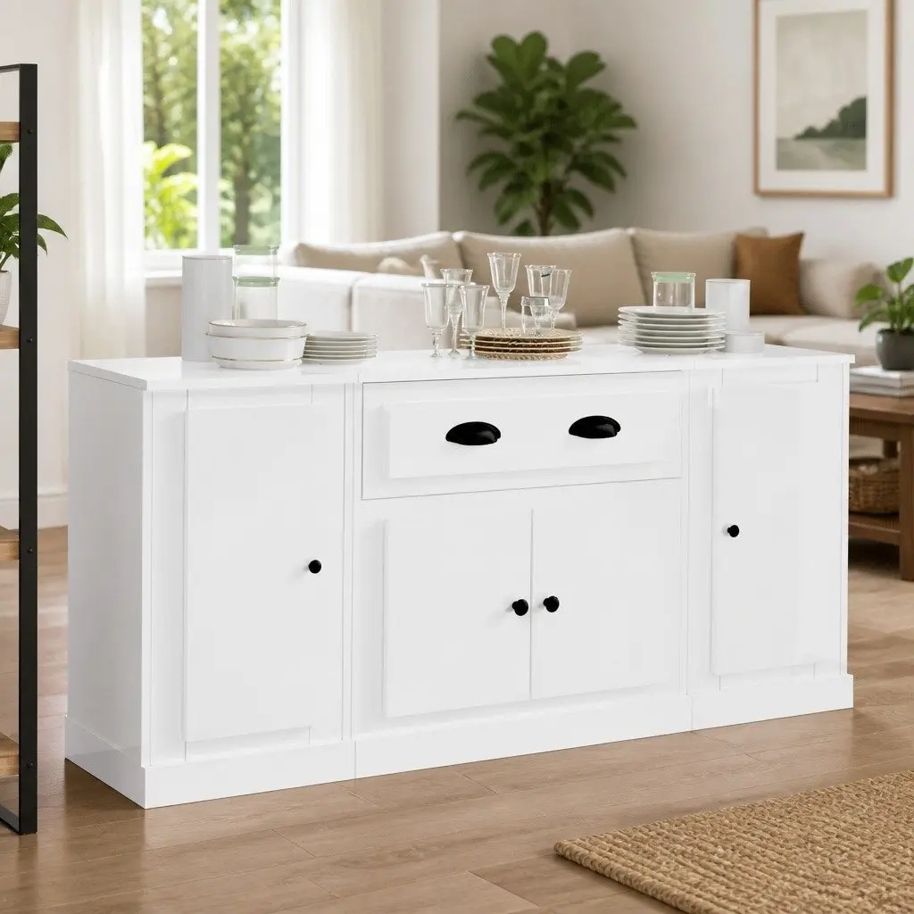 White High Gloss Sideboards Set of 3 Storage Cabinet Buffet Display Furniture