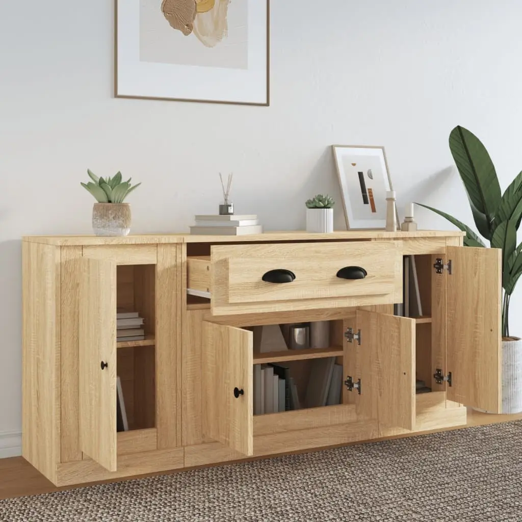 Sideboards 3 pcs Brown Storage Cabinet Engineered Wood Buffet Display Unit