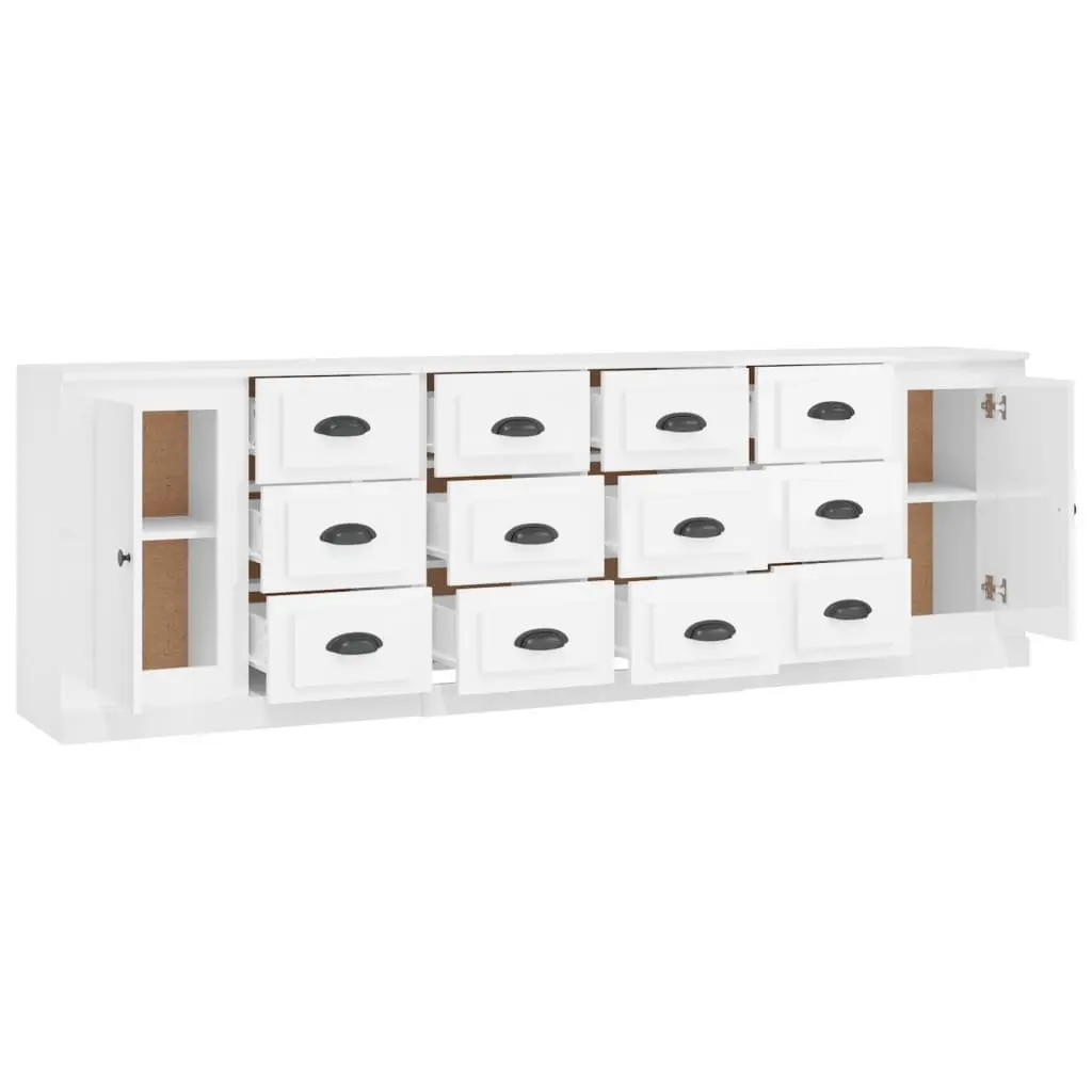 Sideboard Cabinet 3 pcs High Gloss White Engineered Wood Storage Buffet