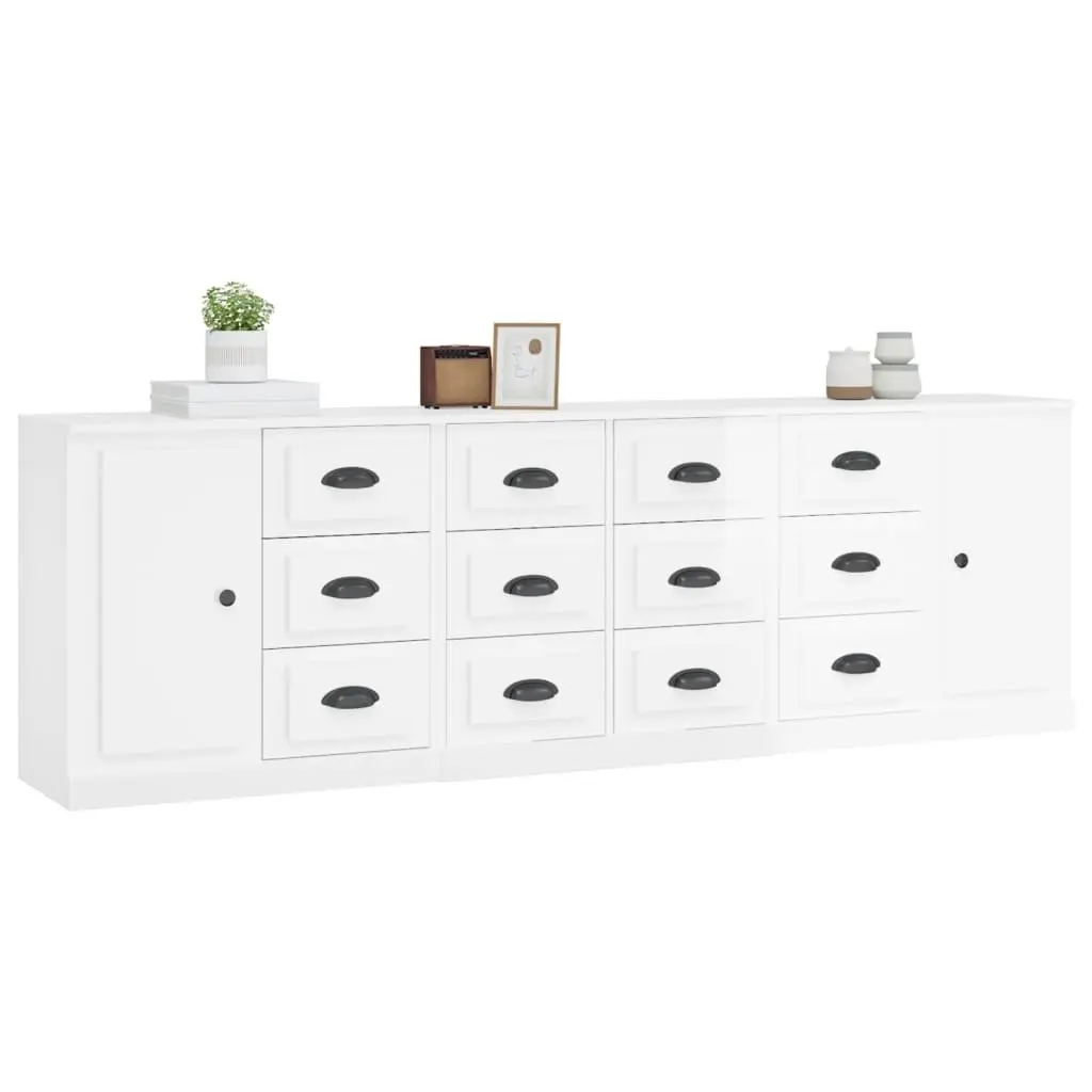 Sideboard Cabinet 3 pcs High Gloss White Engineered Wood Storage Buffet
