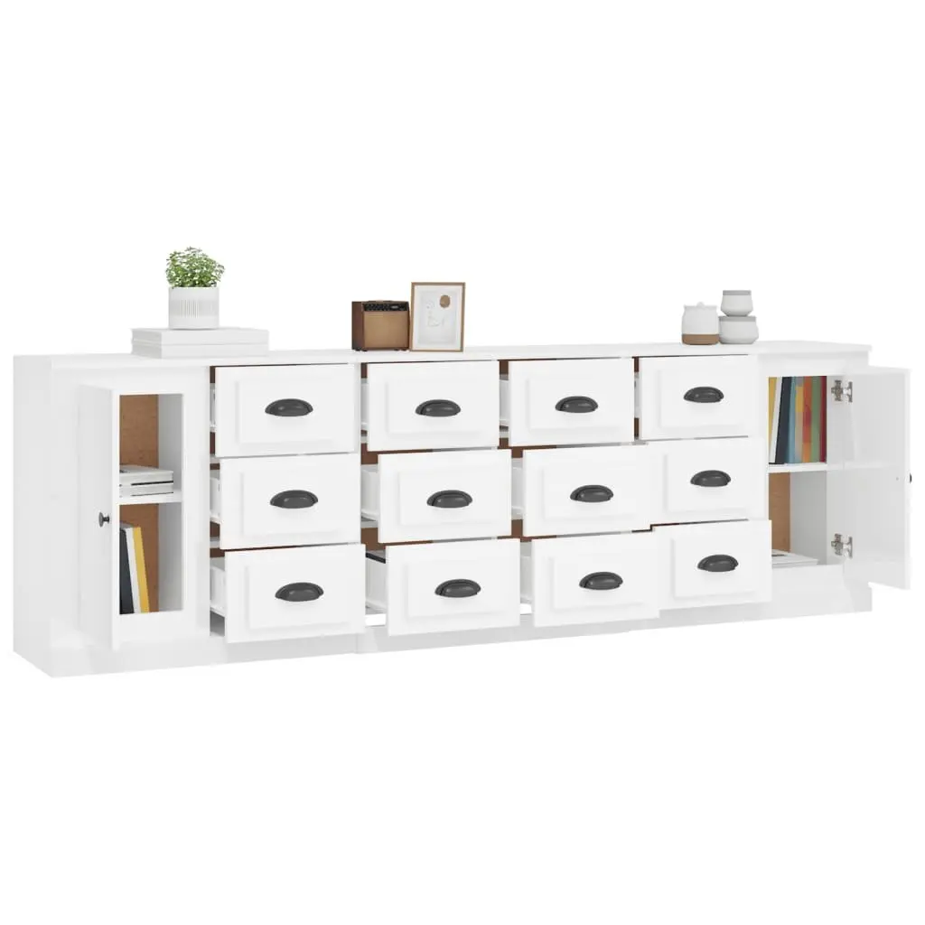 Sideboard Cabinet 3 pcs High Gloss White Engineered Wood Storage Buffet