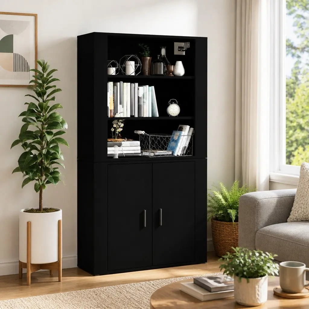Wall-Mounted Highboard Black Engineered Wood Storage Cabinet Sideboard