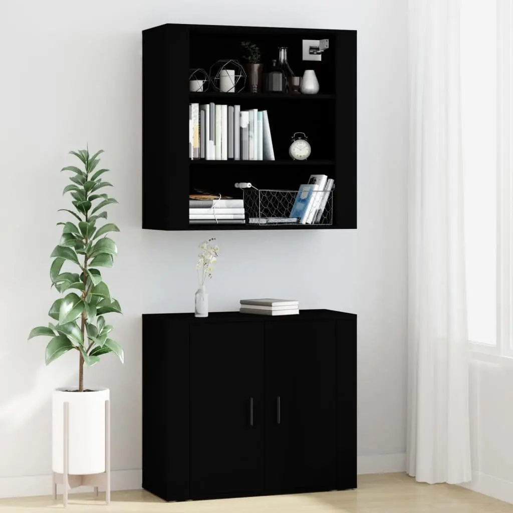 Wall-Mounted Highboard Black Engineered Wood Storage Cabinet Sideboard