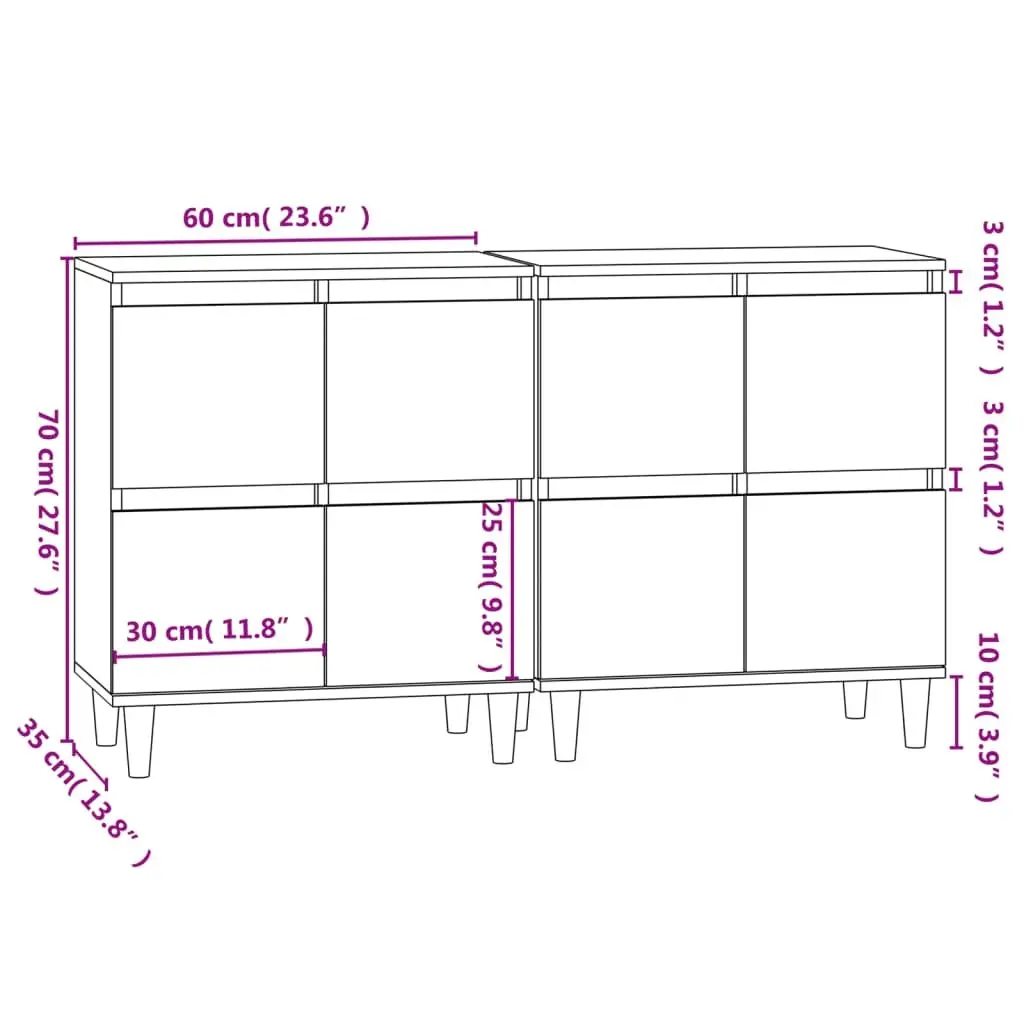 Storage Cupboard Grey Engineered Wood Sideboard 60x35x70cm Set of 2