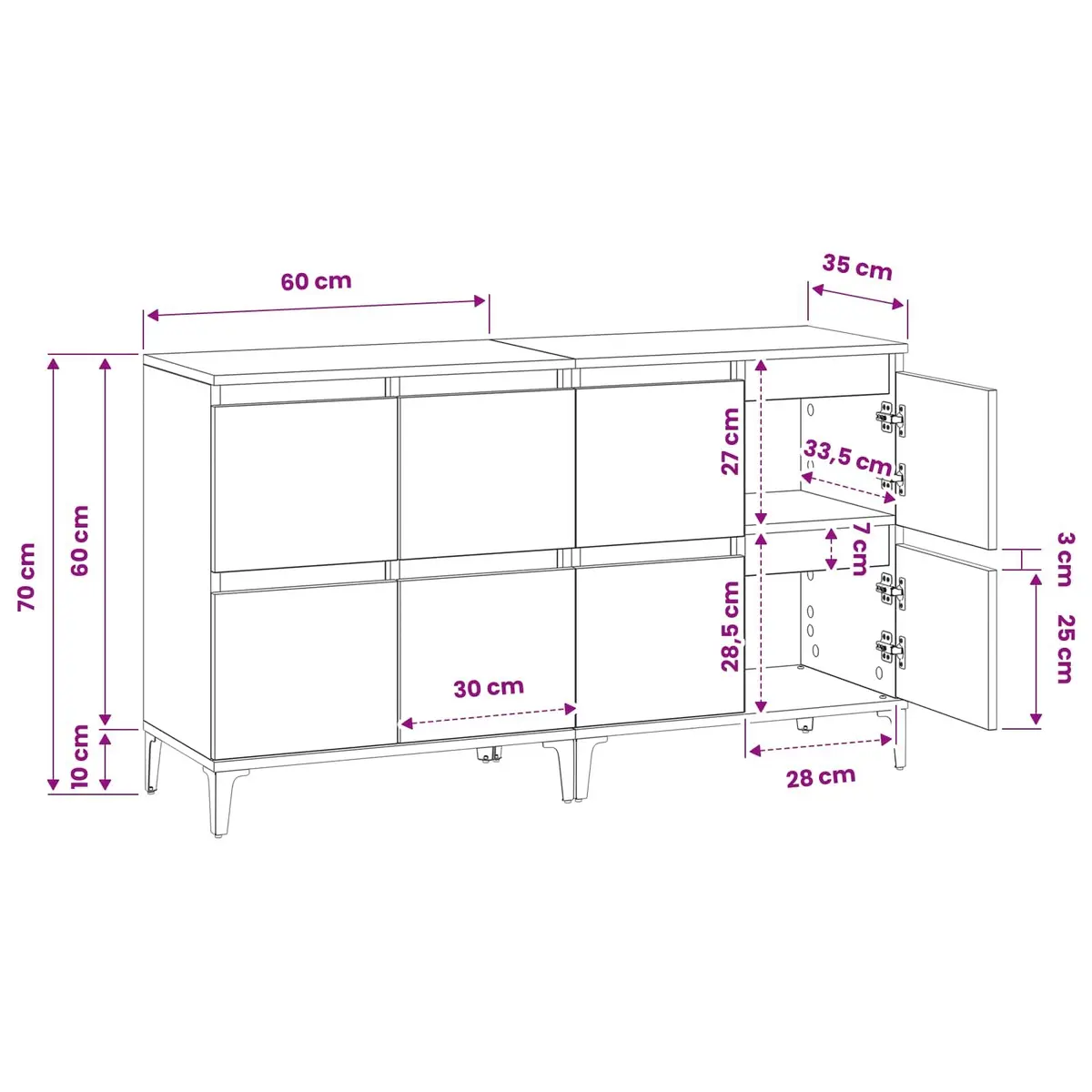 Sideboards White 2 pcs 60x35x70 cm Engineered Wood Storage Cabinet Compartments