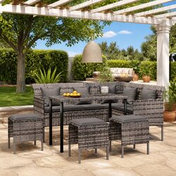 L-Shaped Outdoor Sofa Set 5 Piece Garden Patio Rattan Lounge Couch Grey