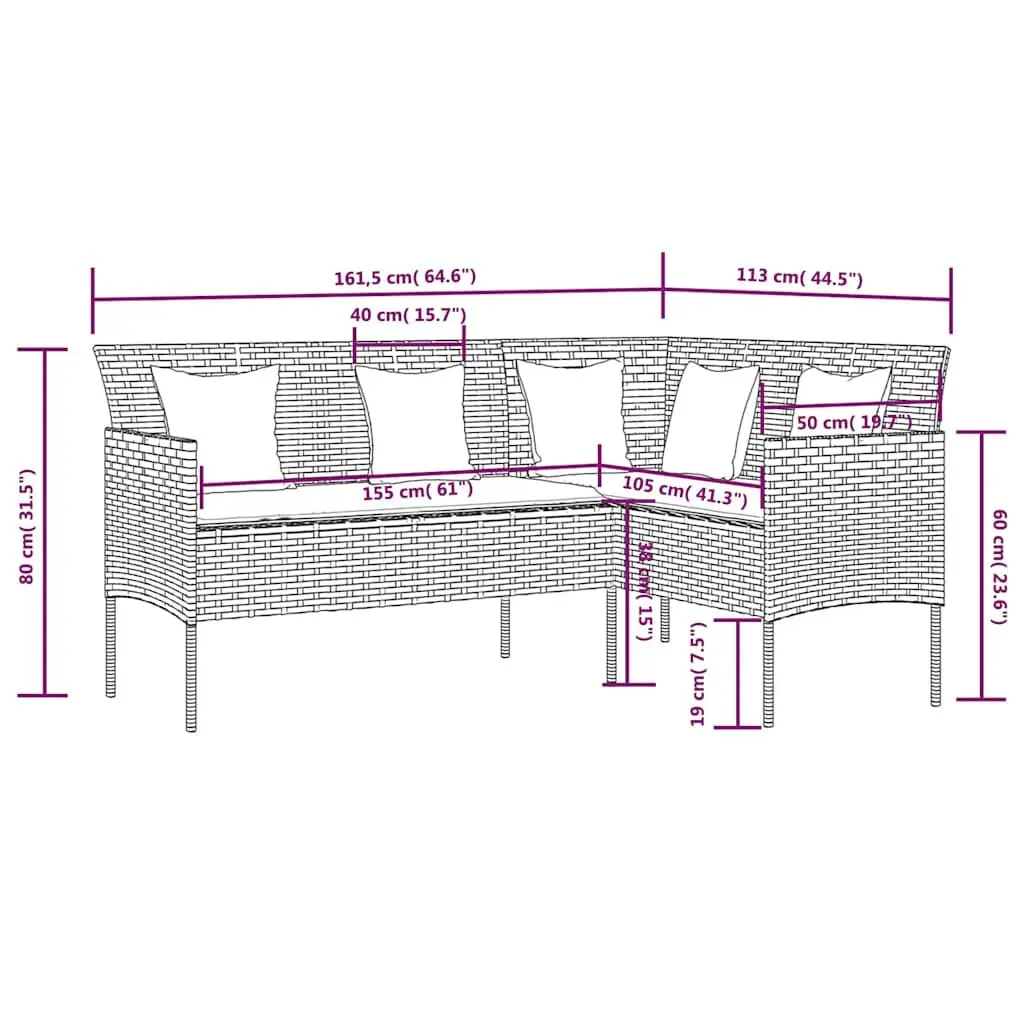 L-Shaped Outdoor Sofa Set Weather-Resistant PE Rattan Grey 5 Piece
