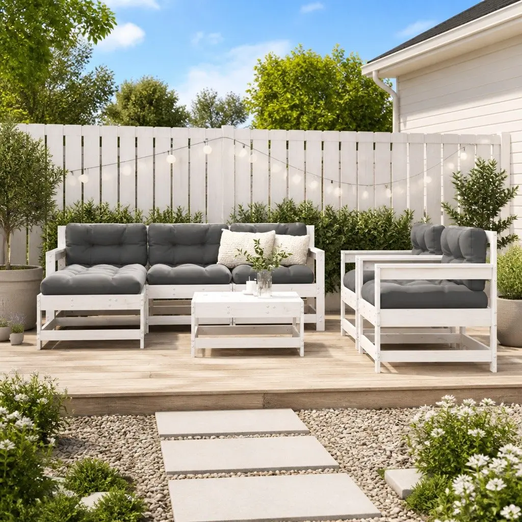 Garden Lounge Set 7 Piece White Solid Wood Outdoor Furniture Patio Cushions