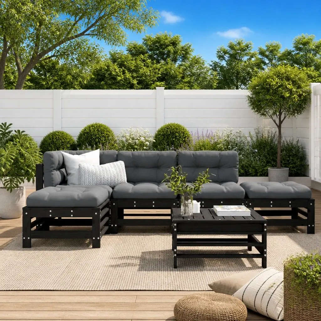 6 Piece Garden Lounge Set Black Wooden Outdoor Patio Furniture with Cushions