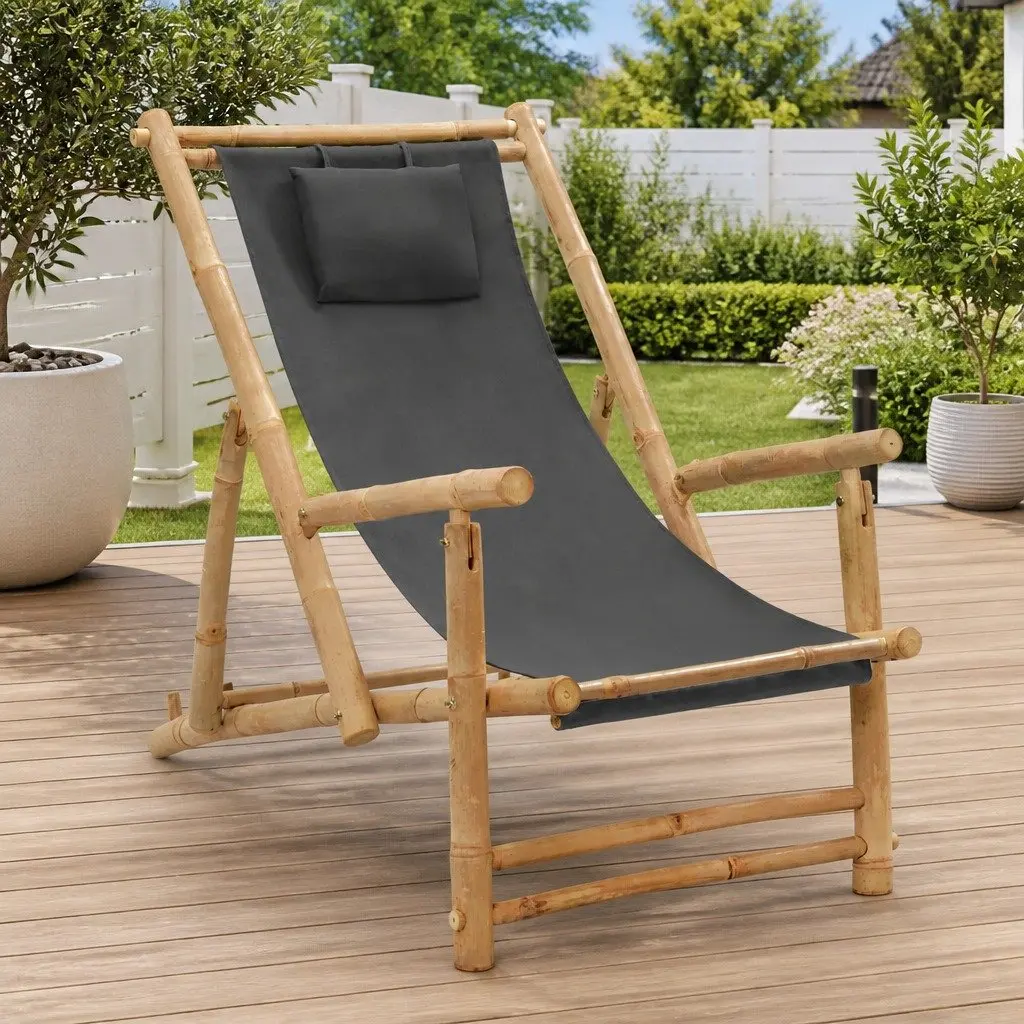 Deck Chair Outdoor Garden Patio Seating Bamboo Frame Canvas Adjustable Backrest