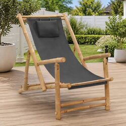 Deck Chair Outdoor Garden Patio Seating Bamboo Frame Canvas Adjustable Backrest