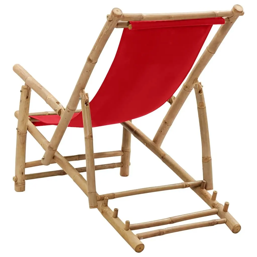 Outdoor Deck Chair Bamboo Frame Adjustable Red Canvas Lounger