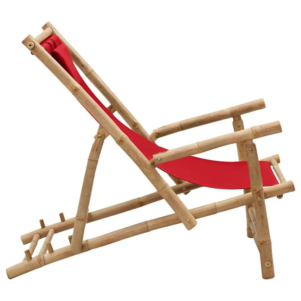 Outdoor Deck Chair Bamboo Frame Adjustable Red Canvas Lounger