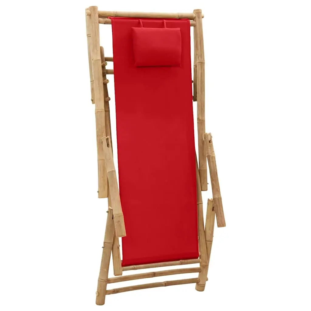Outdoor Deck Chair Bamboo Frame Adjustable Red Canvas Lounger