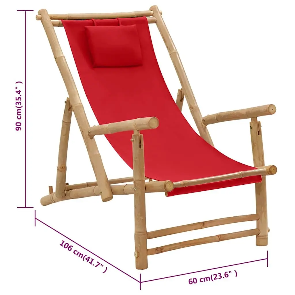 Outdoor Deck Chair Bamboo Frame Adjustable Red Canvas Lounger