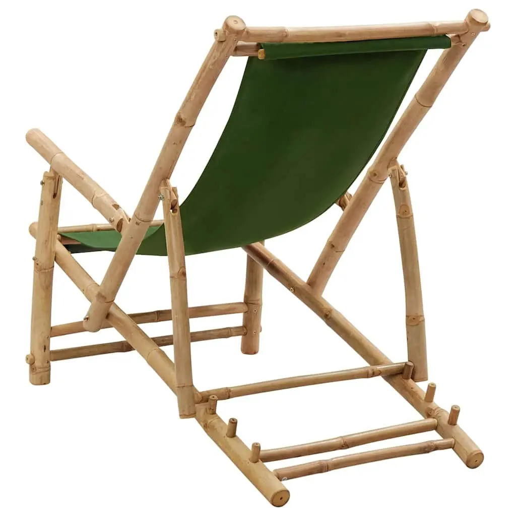 Outdoor Deck Chair Bamboo Frame Adjustable Backrest Green Canvas Seat