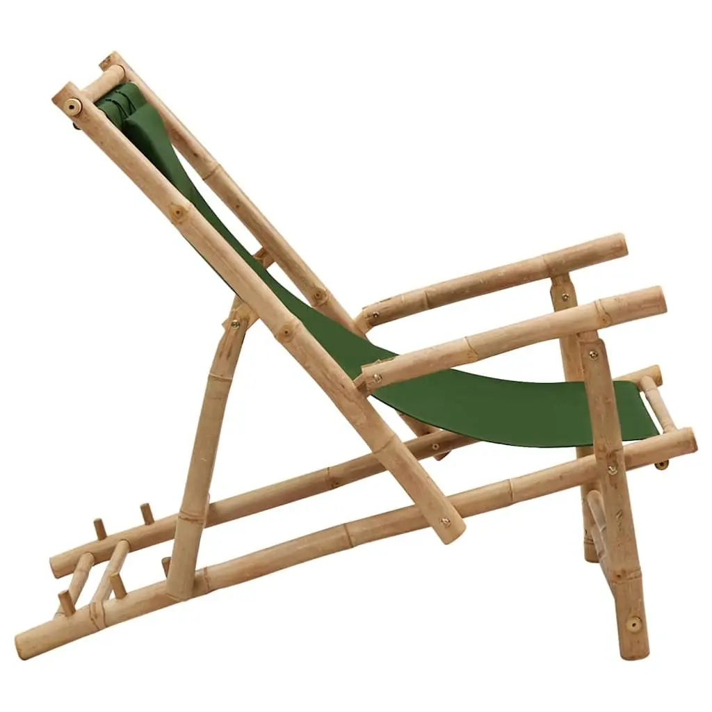 Outdoor Deck Chair Bamboo Frame Adjustable Backrest Green Canvas Seat