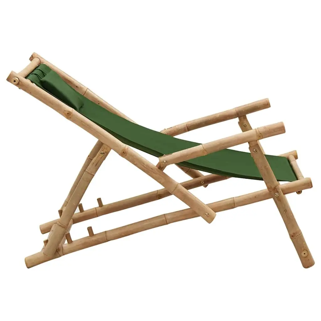 Outdoor Deck Chair Bamboo Frame Adjustable Backrest Green Canvas Seat