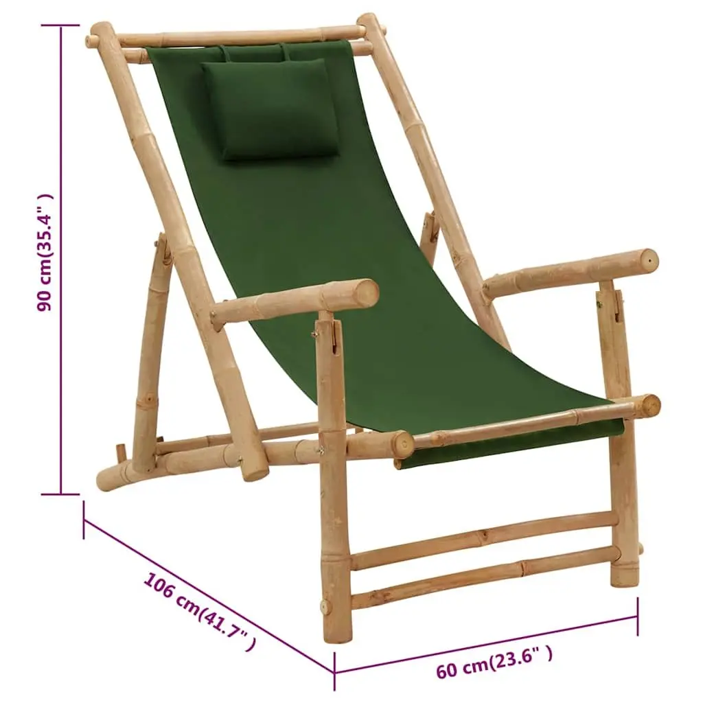 Outdoor Deck Chair Bamboo Frame Adjustable Backrest Green Canvas Seat