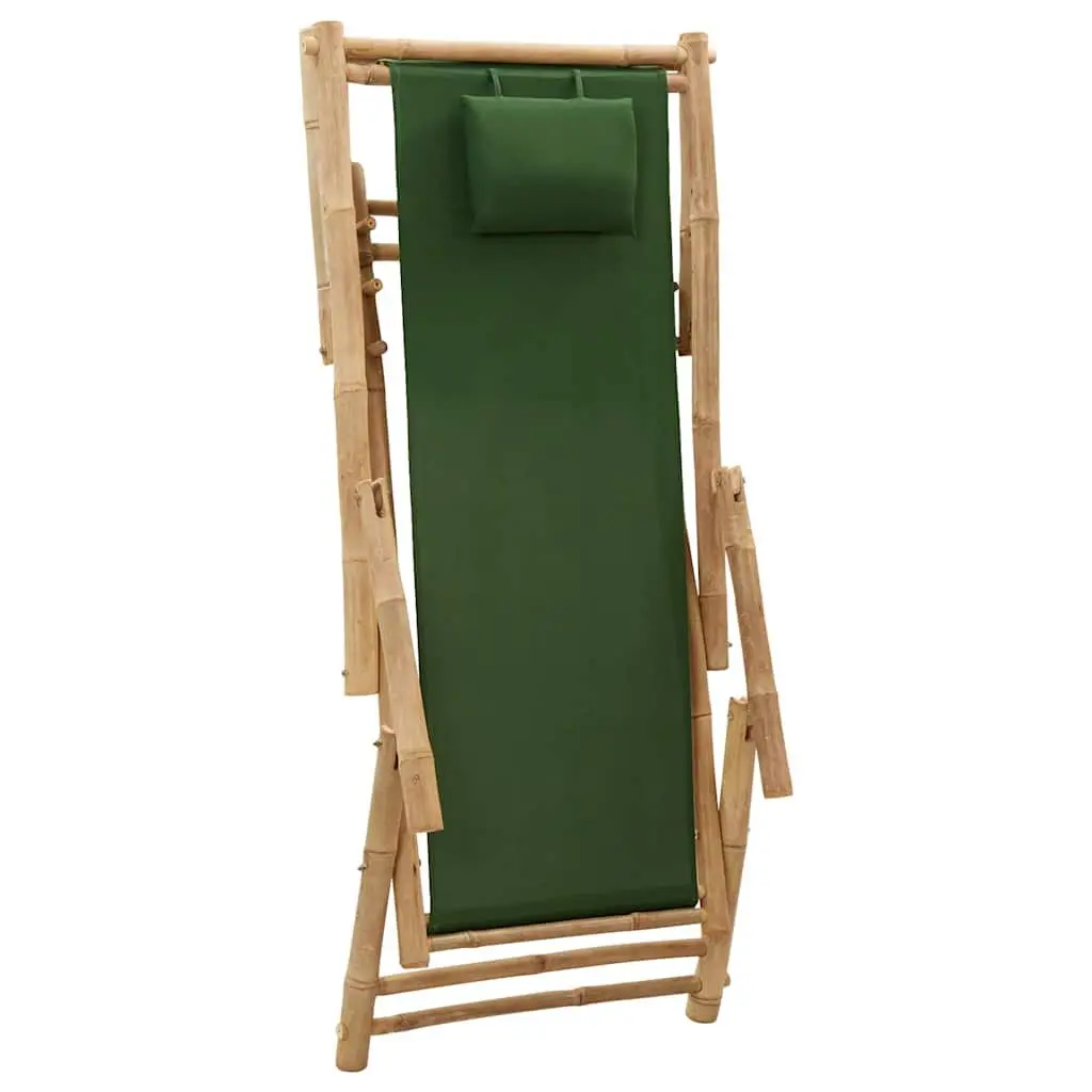 Outdoor Deck Chair Bamboo Frame Adjustable Backrest Green Canvas Seat