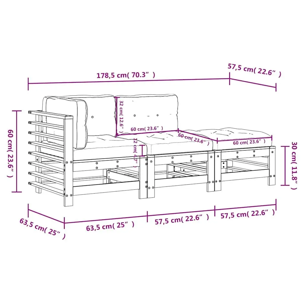 Garden Lounge Set 3 Piece Outdoor Furniture with Cushions Black Wood Patio