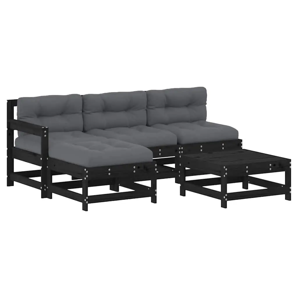 5 Piece Modular Outdoor Lounge Set Black Wooden Patio Sofa with Cushions