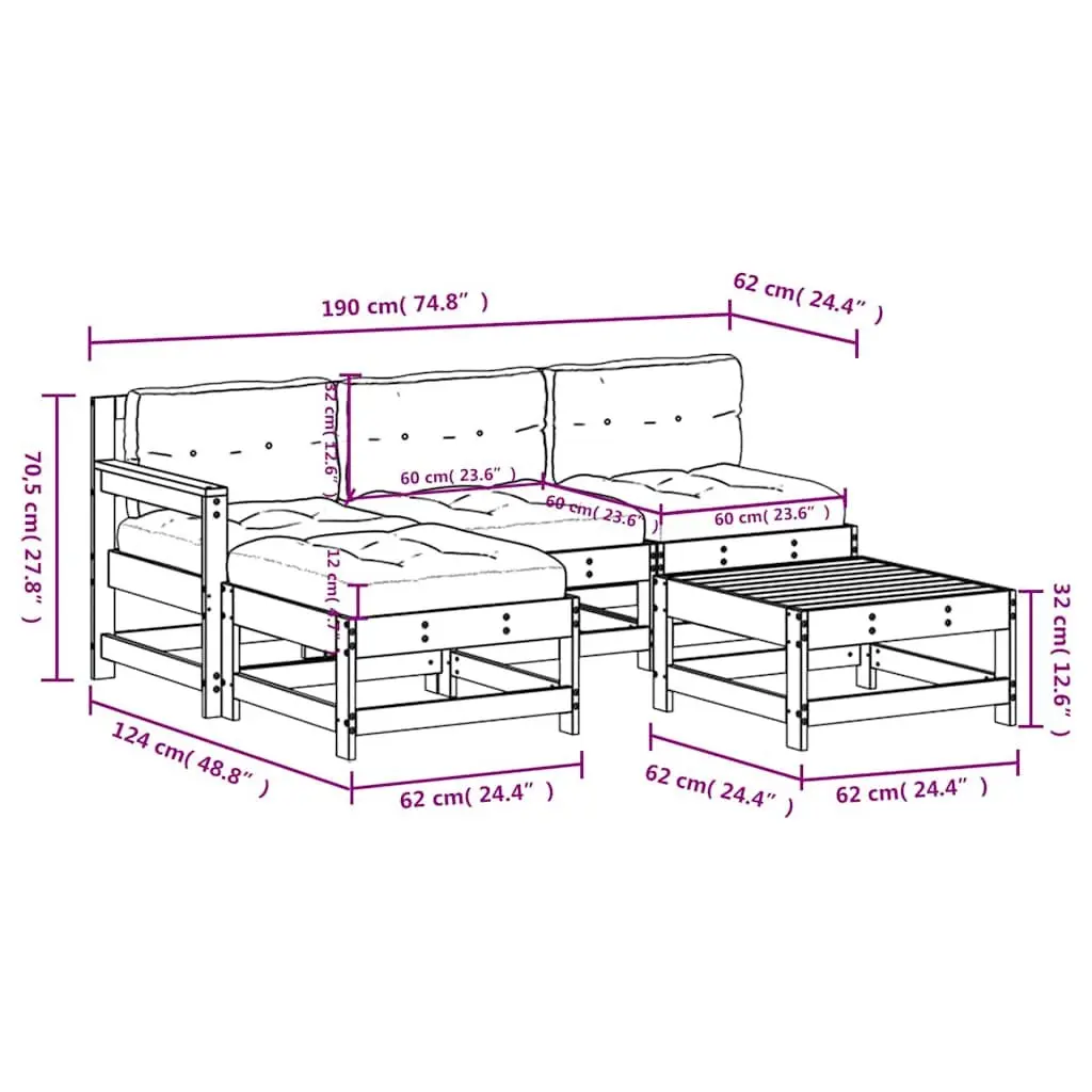 5 Piece Modular Outdoor Lounge Set Black Wooden Patio Sofa with Cushions
