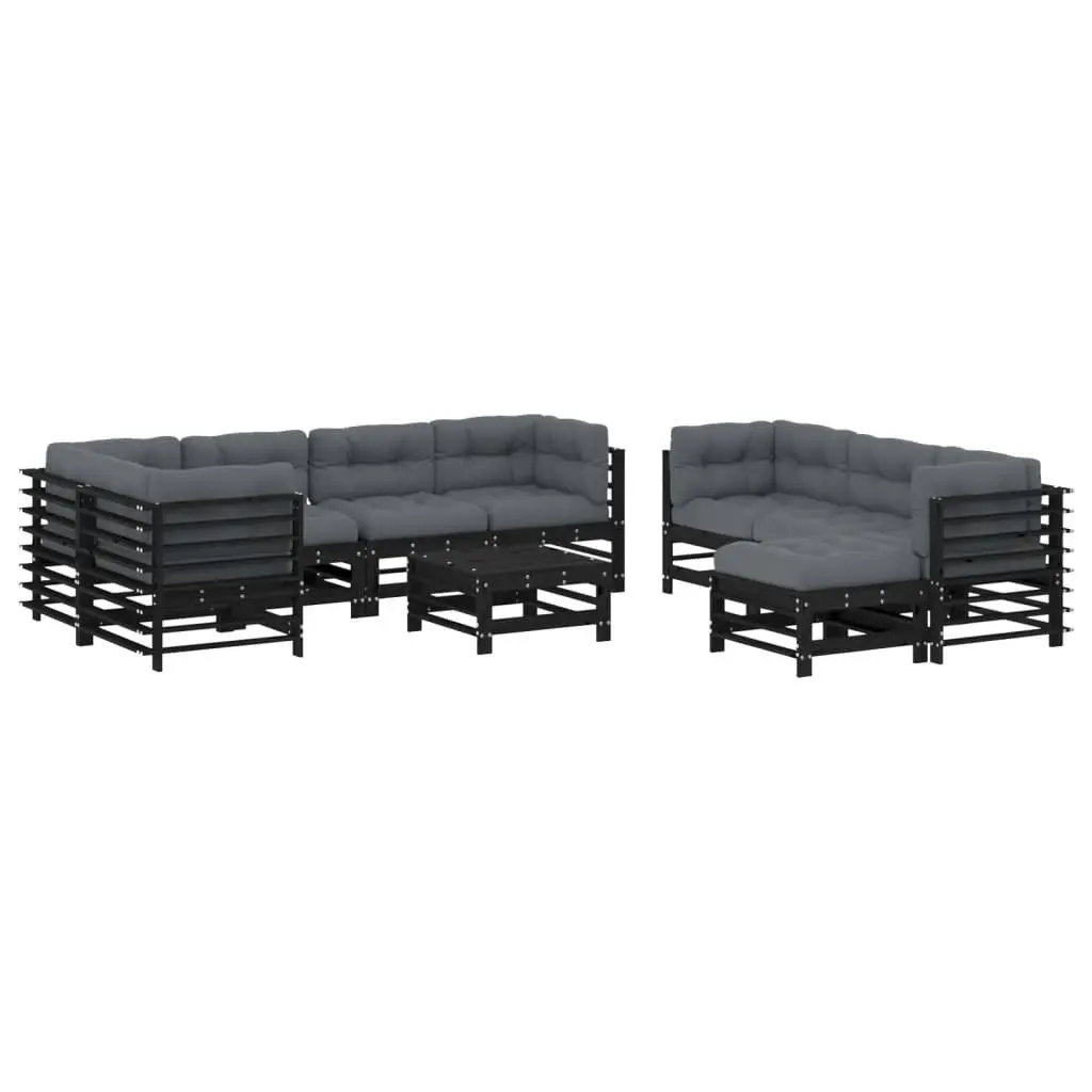 Garden Lounge Set 10 Piece Outdoor Furniture Black Slatted Wood Patio Sofa