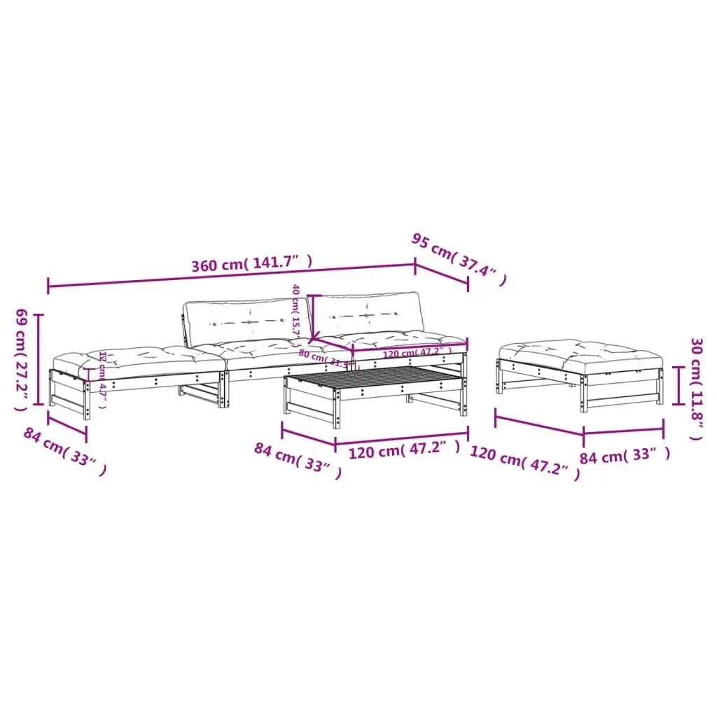 Outdoor Garden Lounge Set 5 Piece White Wood Furniture with Cushions Patio