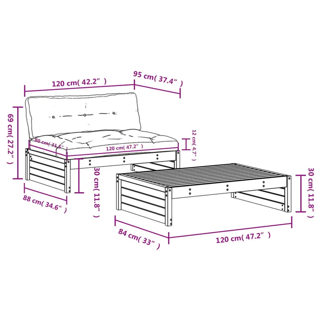 Garden Lounge Set 2 Piece with Cushions White Solid Wood Patio Outdoor Furniture