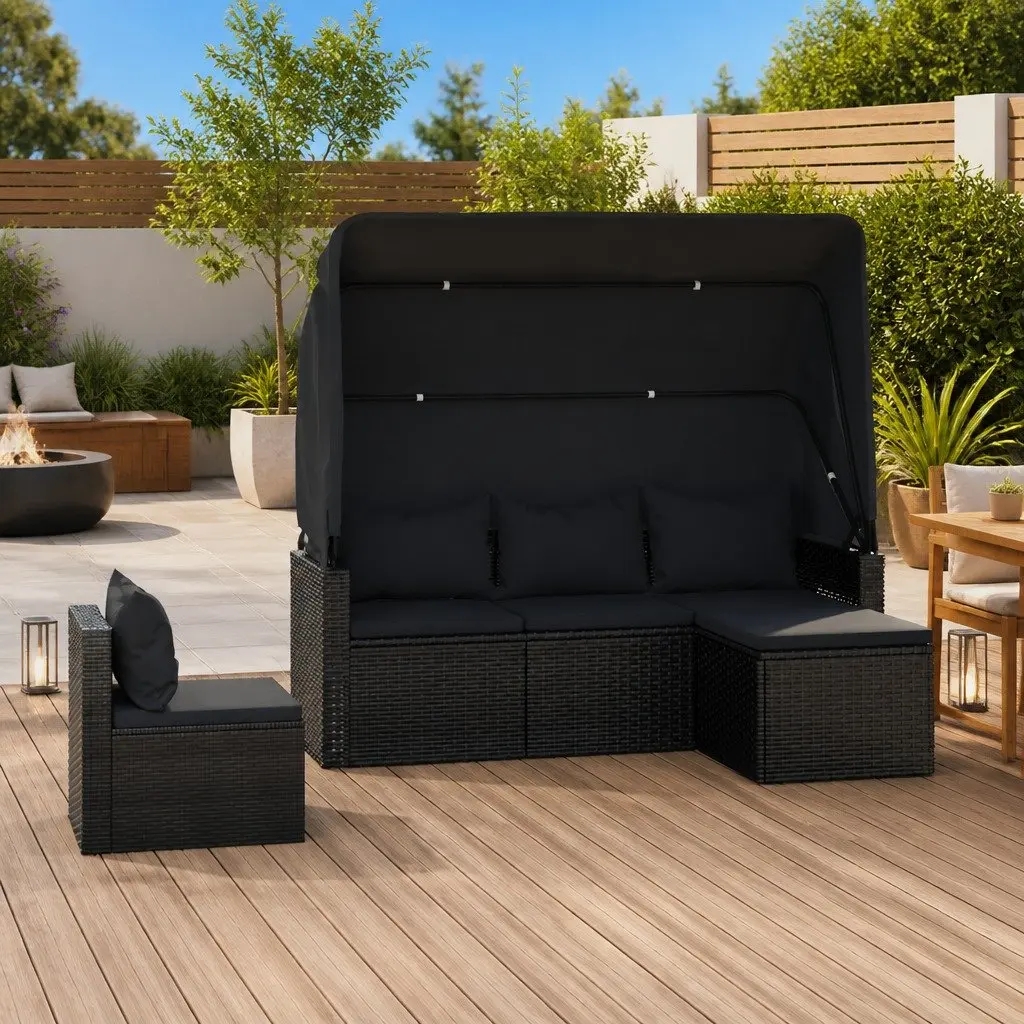 Garden Sofa Set Black PE Rattan 4 Piece with Cushions