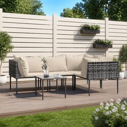 5 Piece Garden Lounge Set with Cushions Grey Poly Rattan Outdoor Furniture