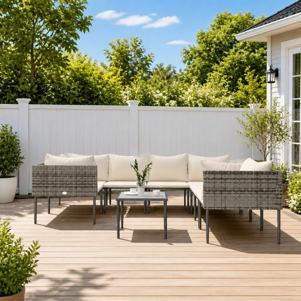 Garden Lounge Set Modular Outdoor Furniture Grey Poly Rattan 9 Piece with Cushions