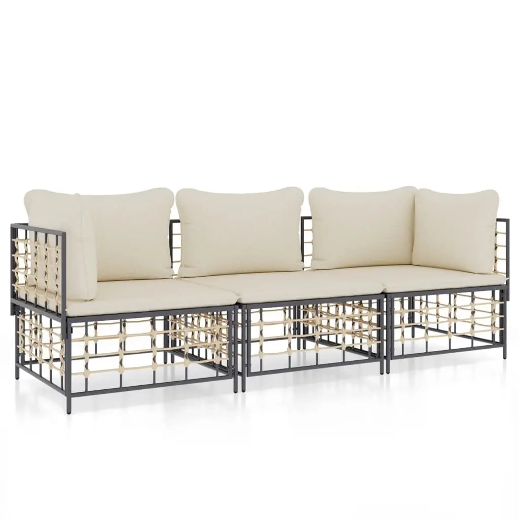 3 Piece Garden Lounge Set with Cushions Anthracite Poly Rattan Outdoor Sofa Set
