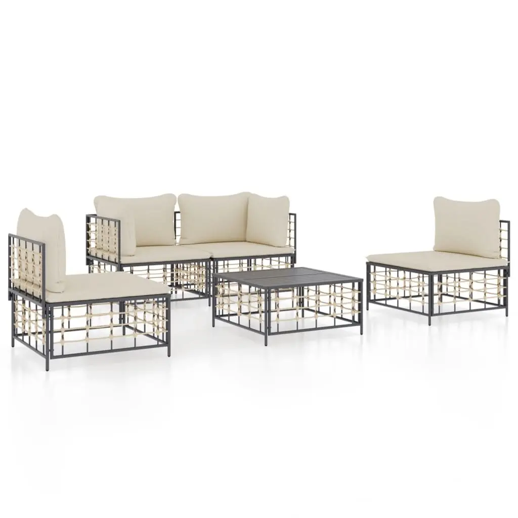 5 Piece Garden Lounge Set Anthracite Poly Rattan Outdoor Furniture with Cushions