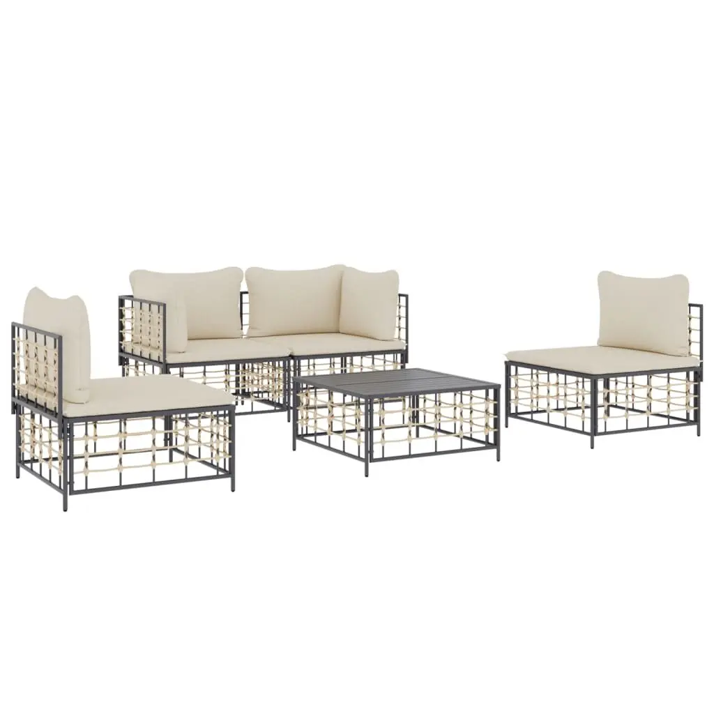 5 Piece Garden Lounge Set Anthracite Poly Rattan Outdoor Furniture with Cushions