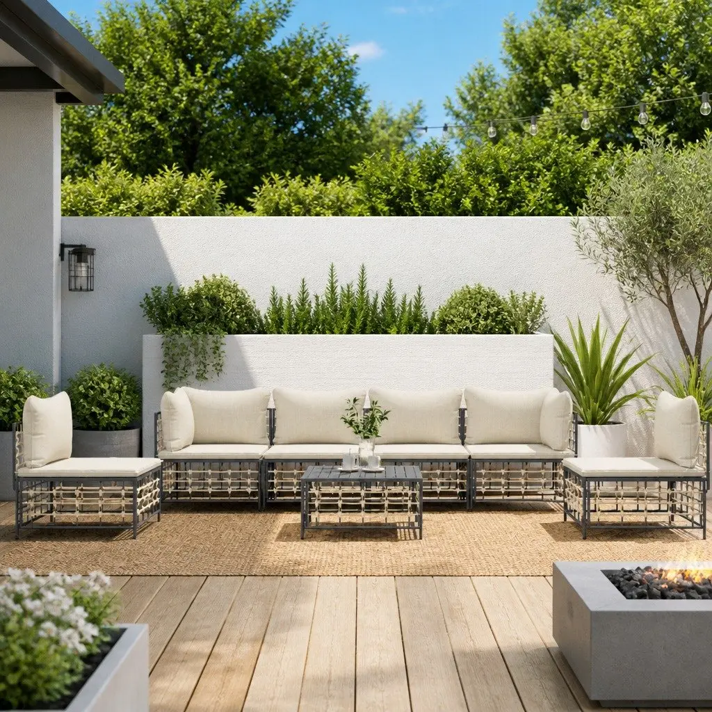Outdoor Lounge Set 7 Piece Garden Furniture Poly Rattan Sofa with Cushions