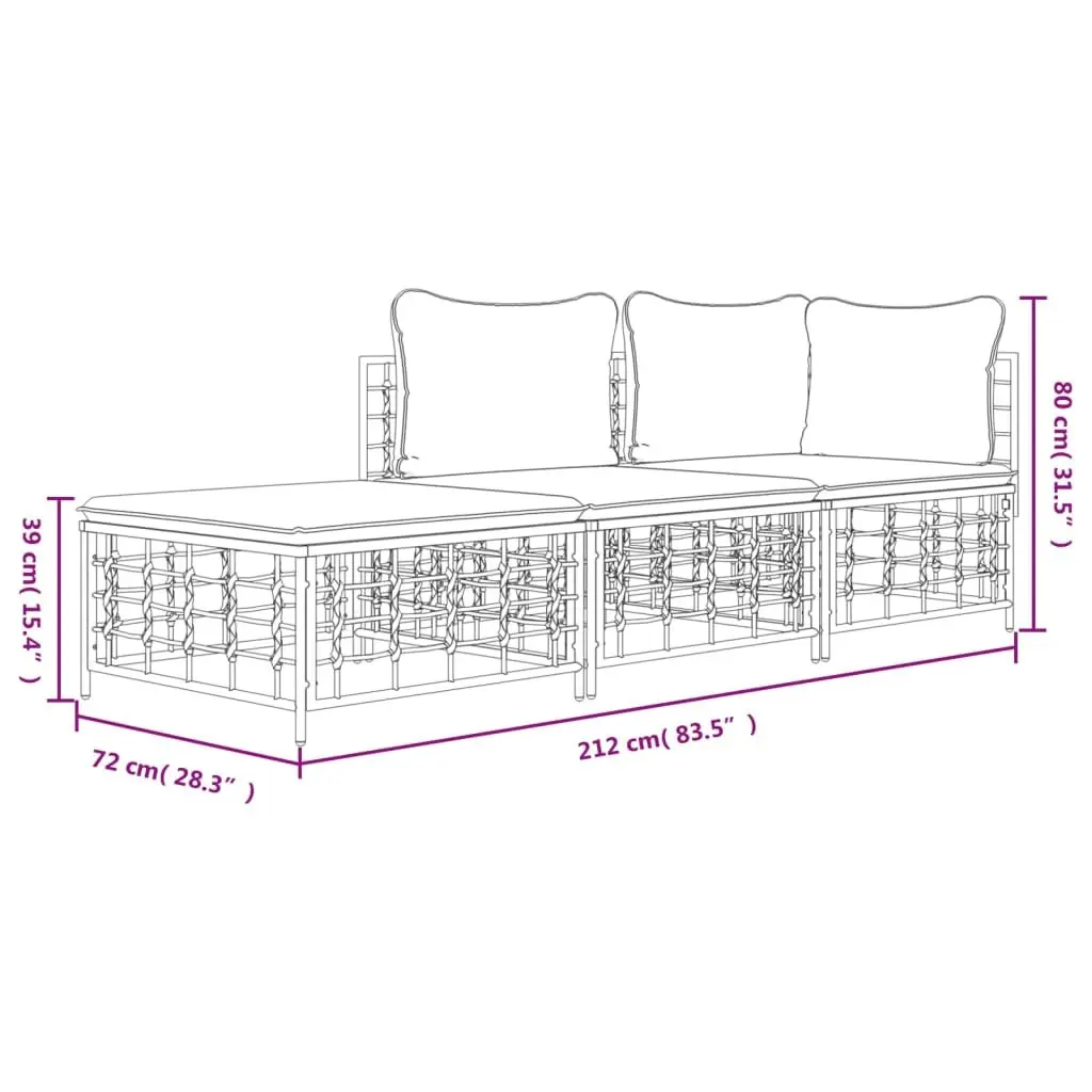 Outdoor Lounge Set Modular Poly Rattan Sofa 3 Piece with Cushions