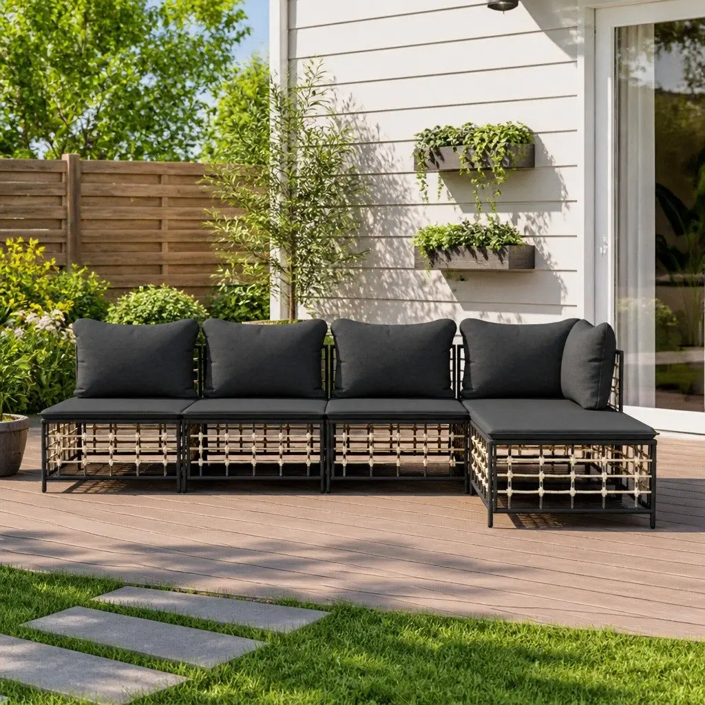 5 Piece Garden Lounge Set Outdoor Seating Anthracite Poly Rattan with Cushions