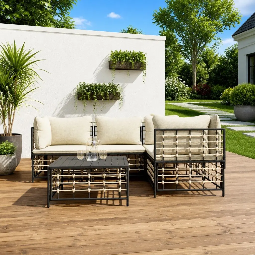 Outdoor Lounge Set 5 Pieces Garden Furniture Poly Rattan Sofa with Cushions
