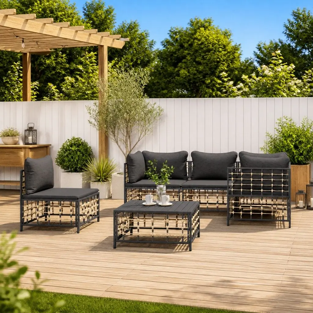 Outdoor Garden Lounge Set 6 Piece Poly Rattan Sofa with Cushions Anthracite