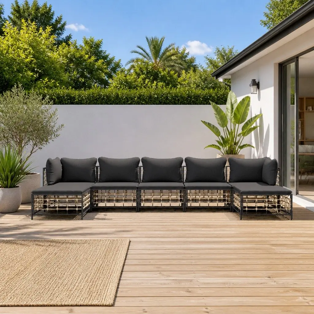 7 Piece Garden Lounge Set Modular Anthracite Poly Rattan Cushions