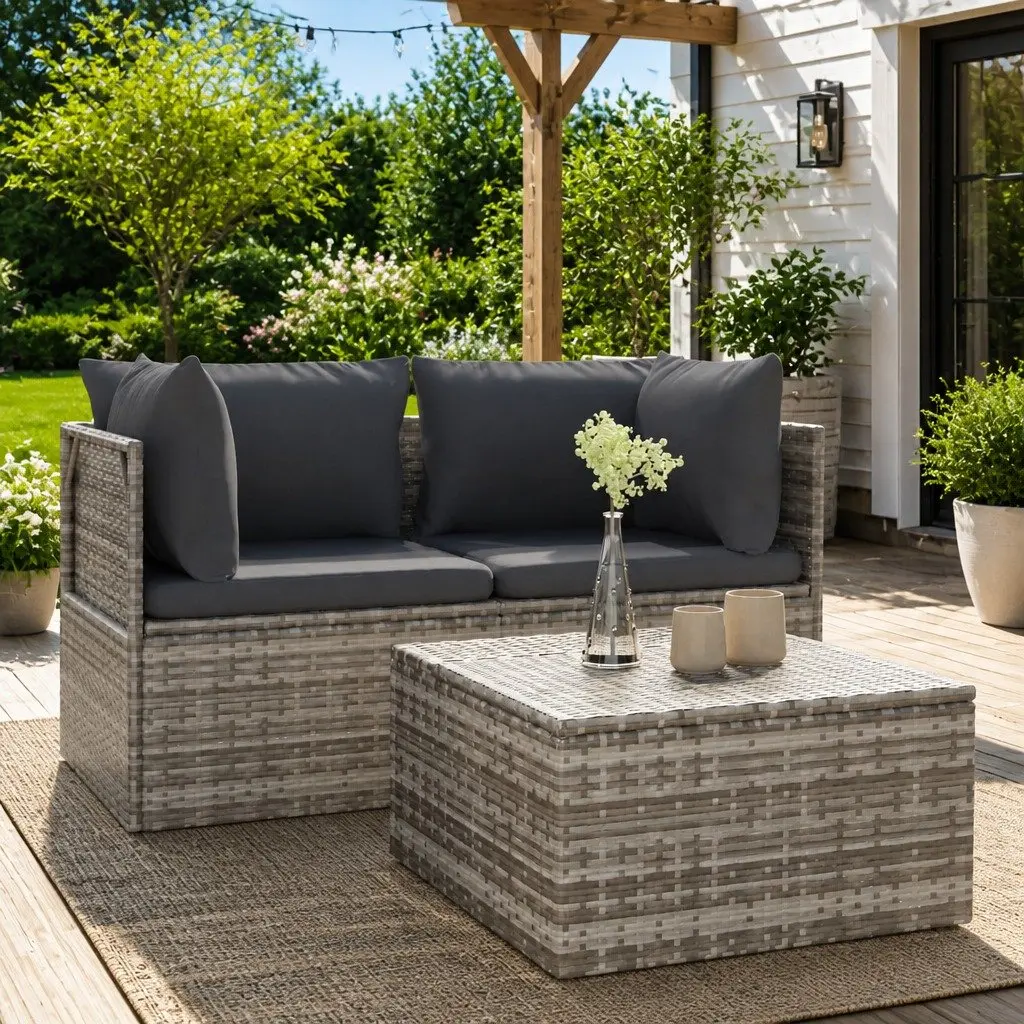 3 Piece Garden Lounge Set Grey Poly Rattan Outdoor Sofa with Cushions