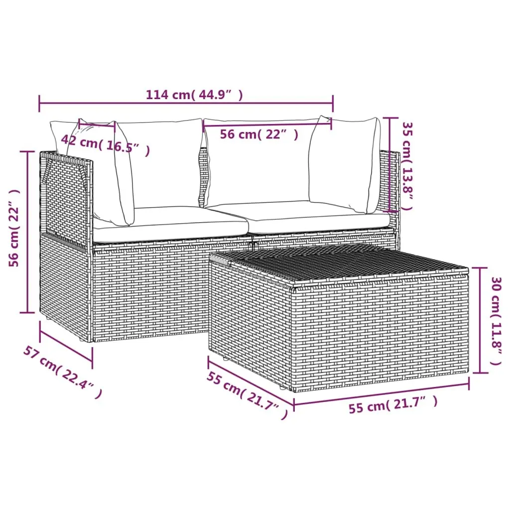 3 Piece Garden Lounge Set Grey Poly Rattan Outdoor Sofa with Cushions