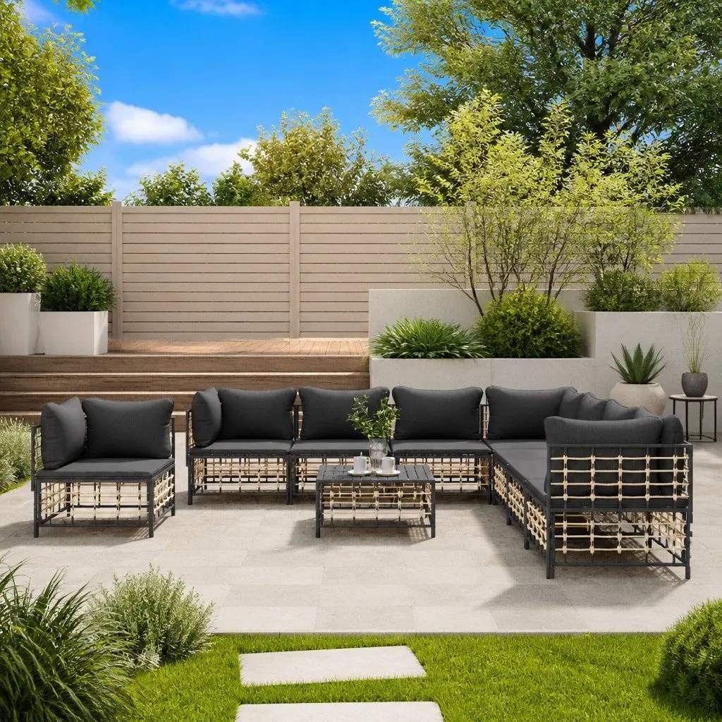 9 Piece Outdoor Lounge Set Modular Poly Rattan Garden Furniture with Cushions