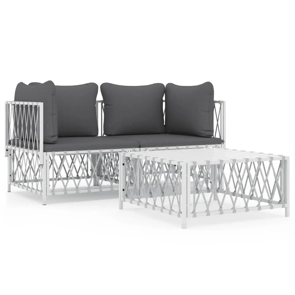 3 Piece Garden Lounge Set White Steel Frame Outdoor Furniture Cushions Patio