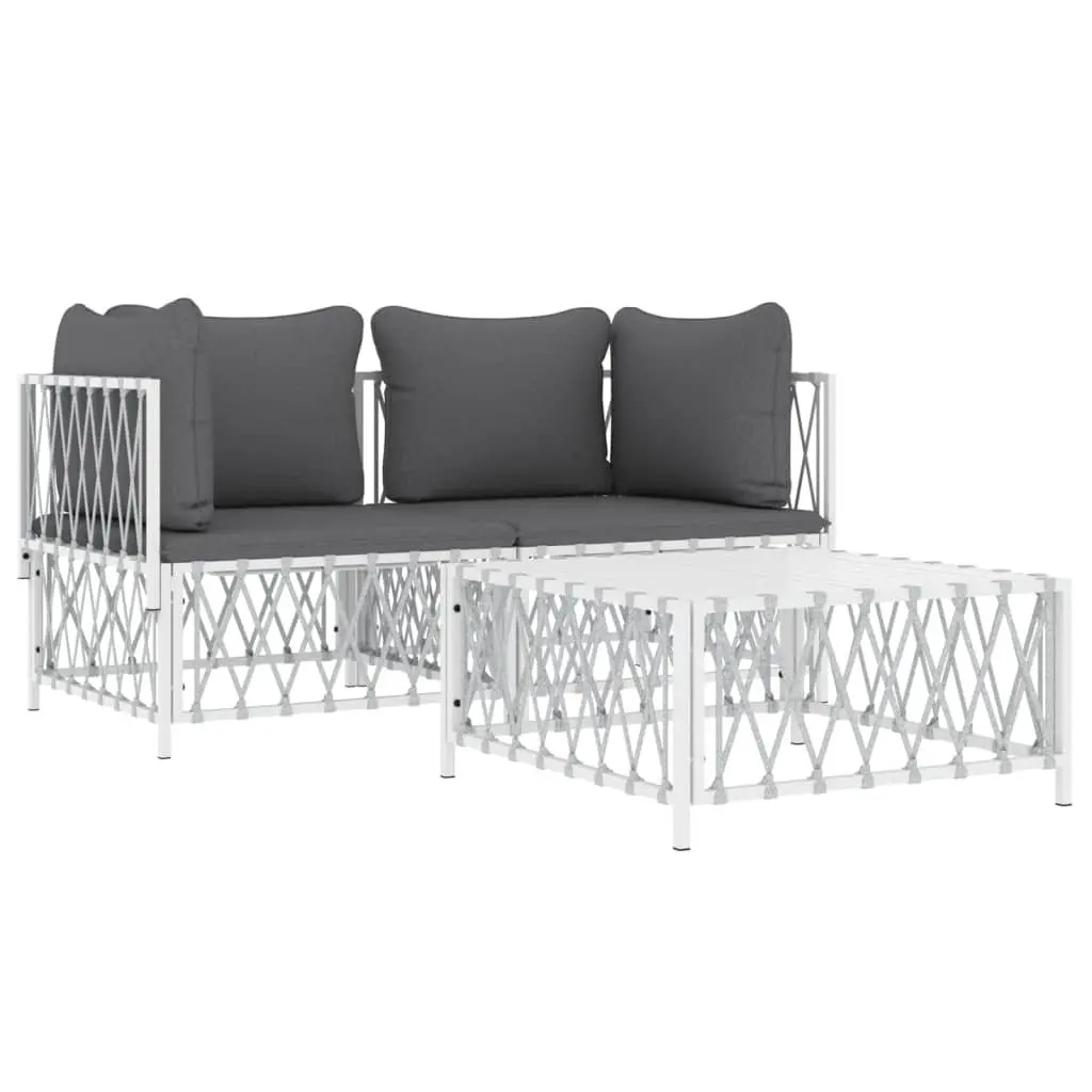 3 Piece Garden Lounge Set White Steel Frame Outdoor Furniture Cushions Patio